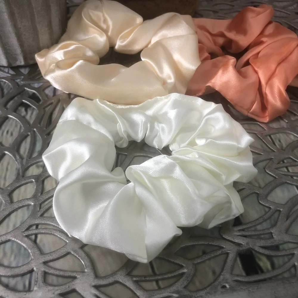 3 New Silk Scrunchies White, Creme, Peach colors
